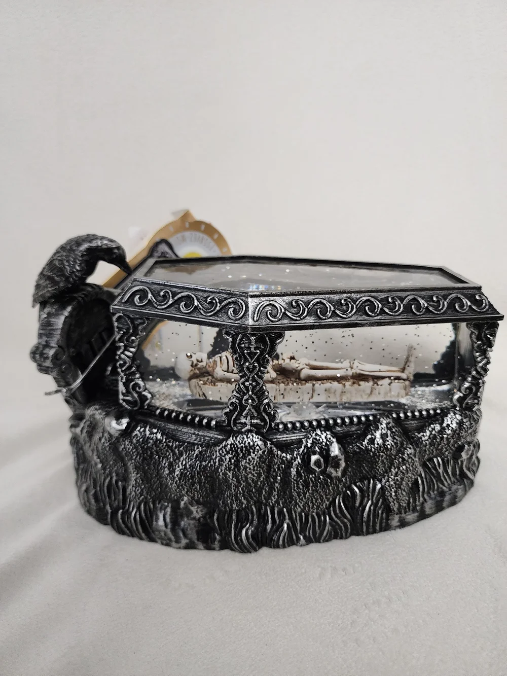 Silver Gothic Raven Glass Lightup Coffin Skeleton Décor